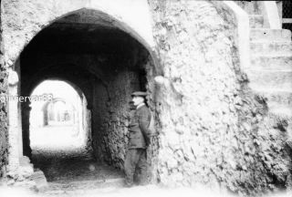 Vintage Photo Negative - Man By Old Stone Wall And Row Of Doors