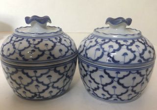 Vintage Blue White Porcelain Ceramic Lidded Bowls Jars Made In Thailand
