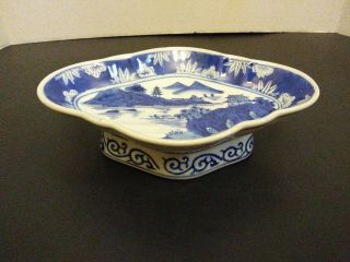 Vintage Chinese Footed Dish Blue And White 8 " L X 5.  25 " W 2.  25 " High
