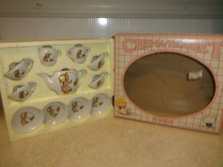 11 Pc.  Vintage 1980 China Tea Set Childs Play Toy Girl With Puppy Dishes 9117