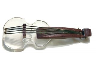 Vintage Carved Lucite & Wood Violin Viola Cello Fiddle Brooch Pin