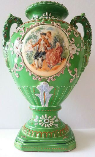 Vintage Japanese Moriage Porcelain Vase 2 Handle Green Handpainted Cartouche