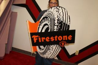 Large Firestone Tires Gas Station 2 Sided 37 " Porcelain Metal Flange Sign