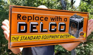 Vintage 24 " 1949 Double Sided Delco Battery Porcelain Gas Station Pump Sign