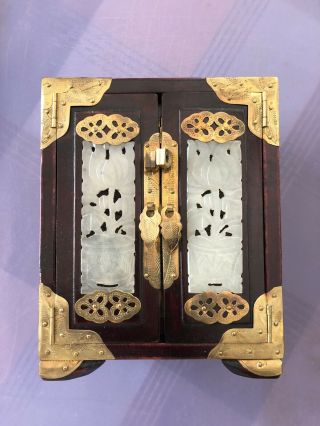 Vintage Chinese Wooden Jewelry Box With Carved Jade & Hand Chased Brass Accents