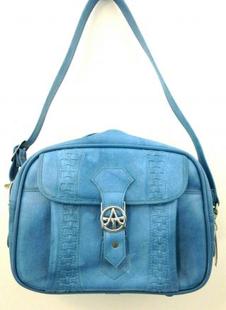 Vintage American Tourister Carry On Bag Shoulder Tote Blue Vinyl Key Luggage Tag