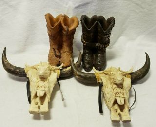 Western Decor Small Boots 4 " And Steer Cow Skulls 6 "