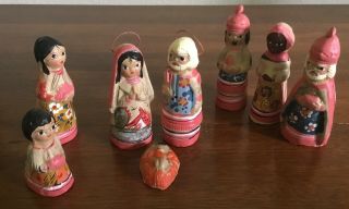 Vintage 8 Piece Hand Painted Mexican Pottery Nativity Set Folk Art