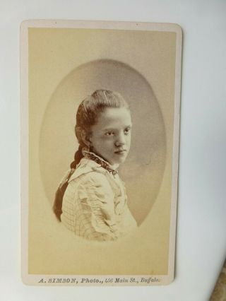 Antique Cdv Cabinet Photo Girl W Braid Down Her Back Dated 1875 Buffalo,  Ny