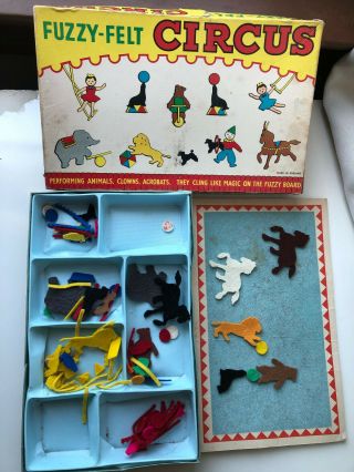 Vintage 1960 Fuzzy Felt Circus Play Set Board Game Made In England Animals Clown