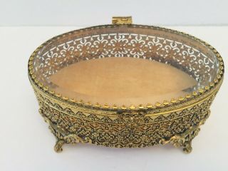 Vintage Beveled Glass Ormolu Filigree Footed Jewelry Casket Gold Tone Oval Box