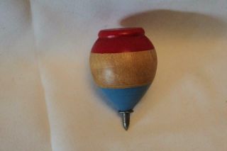 Vintage Red White And Blue Wooden Spinning Top With Metal Tip
