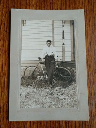 Antique Cabinet Card Photo Photograph Well Dressed Man With Bicycle 5 " X 7 1/4 "