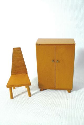 Vintage Dollhouse Miniature Furniture Wood Wardrobe Closet & Chair Shackman