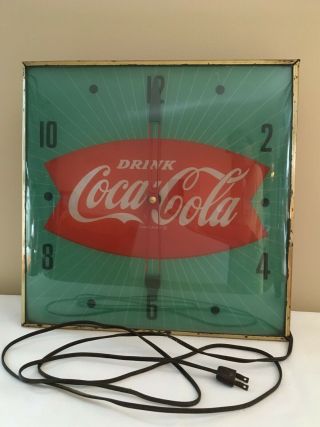 50s Vintage Green Coca - Cola Fish Tail Lighted Clock Sign Pam Clock.
