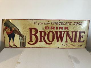 Vintage Brownie Soda Embossed Horizontal Tin Sign 1920 