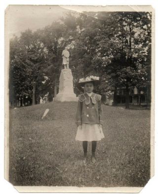Young Girl Standing In Front Of Civil War Monument Vintage Snapshot Photo