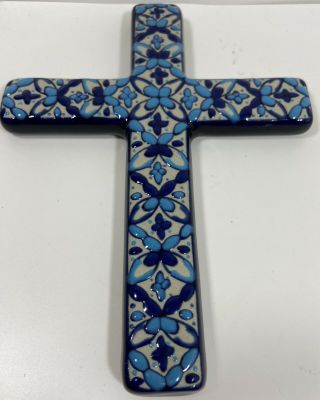 Javier Servin Mexico Clay Art Pottery 6.  25 " Cross Blue