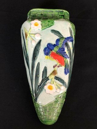 Vintage Old Japanese Wall Pocket Vase Flowers Birds Lattice Green Pottery