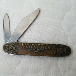 Winchester Usa 1900 - 2000 2 Blade Turn Of The Century Brass Pocket Knife Apx 3.  5 "