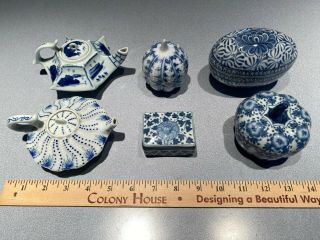 6 Blue And White Porcelain Lidded Containers From England,  Thailand,  China