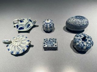 6 Blue and White Porcelain Lidded Containers from England,  Thailand,  China 3