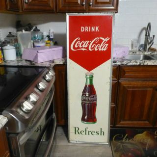 Vintage 1955 Drink Coca Cola Refresh Vertical Metal Sign 54 " X 18” Soda Pop