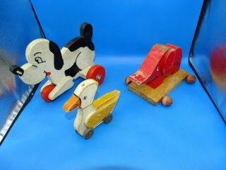 3 Antique Wooden Pull Toys Dog,  Elephant,  Duck