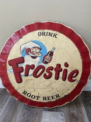 Rare Large Vintage 1950’s Frostie Root Beer Soda Pop Bottle Cap 28”metal Sign