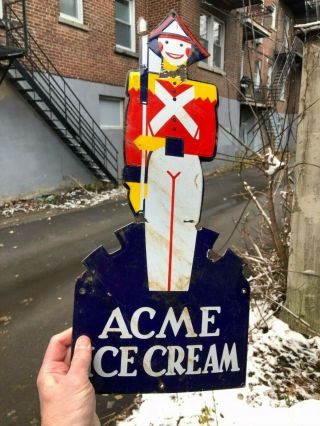 Vintage Rare C.  1930 Canadian Porcelain Enamel Die - Cut " Acme Ice Cream " Sign