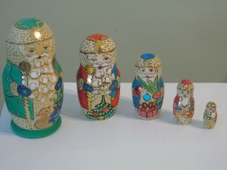 Vintage Russian 5 Pc Santa Matryoshka Wooden Nesting Dolls 5.  5 " To 1.  5 "