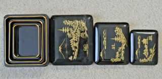 Set 3 Vintage Black Lacquer Japan Nesting Decorative Trinket Storage Boxes
