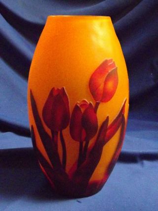 Vintage Modern Acid Cut/cameo Art Glass Orange W/red Tulips 8 1/2 " Vase Signed 2