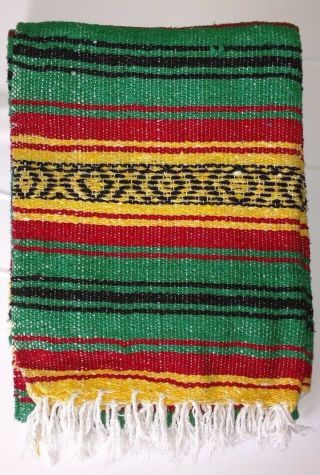 Mexican Falsa Blanket Yoga Mat Red,  Yellow Green & Black Rasta Serape Blanket