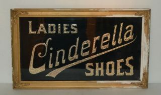 Antique Ladies Cinderella Shoes Trade Sign Reverse Paint On Glass Framed 24 X 14