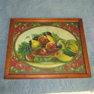 Antique Victorian Tiger Oak Picture Frame,  Pride Of The South Fruit & Roses Print