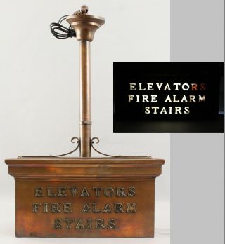 Rare Antique Brass & Glass Architectural Elevator,  Fire Extinguisher Stairs Sign