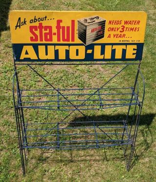 48 " Vintage Autolite Sta - Ful Battery Rack Display Sign Metal Gas Oil Bookcase?