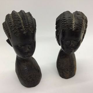 2 Carved Wooden African Head Figurines Dark Wood Folk Art Busts