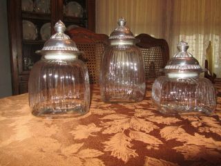 Vintage Clear Ribbed Glass Canister Set With Domed Pewter Lids
