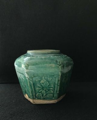Vintage Green Glazed Hexagonal Chinese Ginger Jar With Floral Design Shiwan