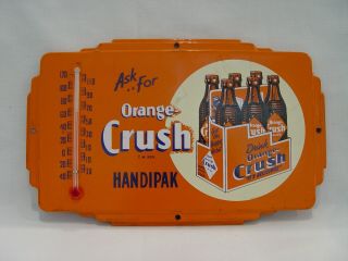 Vintage Orange Crush Soda Handpak 6 - Pack Tin Metal Advertising Thermometer