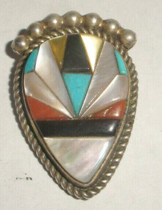 Vintage Navajo Or Zuni Sterling Silver Turquoise Coral Mop Pendant