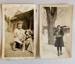 Vintage Two Snapshots Photos Of Girls With Their Dogs Circa 1930
