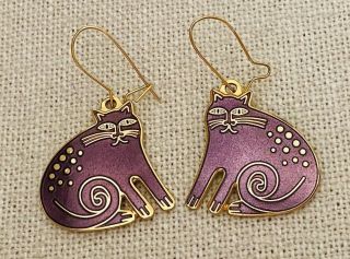 Vintage Laurel Burch " Keshire Cat " Pierced Purple Gold Tone Earrings