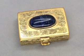 Vintage Gold Tone Pill Box With Blue Stone Lid Hinged Unbranded