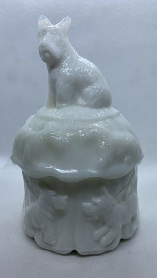 Vintage Scottie Dog White Milk Glass Powder Jar Candy Dish A1