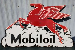 Rare Vintage Mobil Oil Pegasus Porcelain Enamel Sign 42 " X 24 " Gas Mobiloil Pump