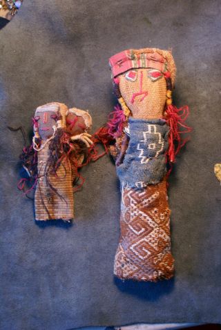 2 Peruvian Burial Dolls Made Of Ancient Fabric