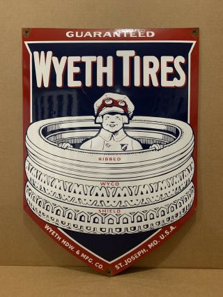 Vintage Porcelain Wyeth Tires Sign Gas Oil Garage Pump St.  Joseph Mo Car Auto